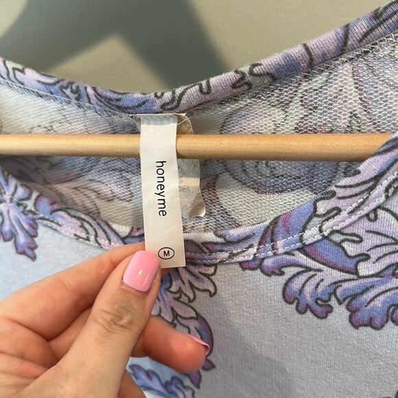 HoneyMe Medium Purple Colorblock Damask Print Short Sleeve Top - Picture 2 of 6